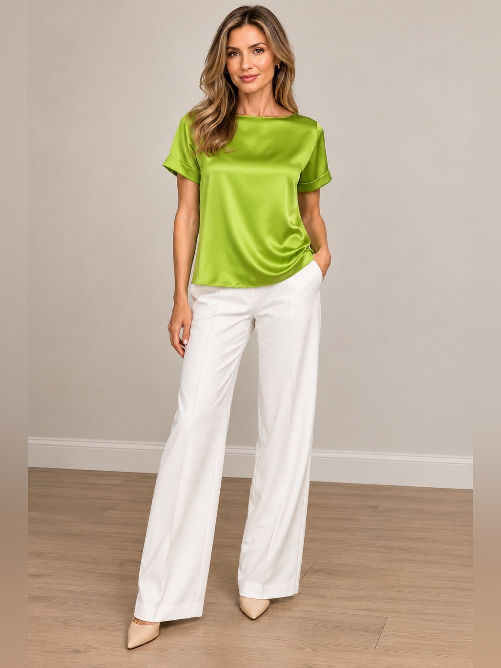 NWT 100% Silk Lime Green color Short Sleeve Top size M